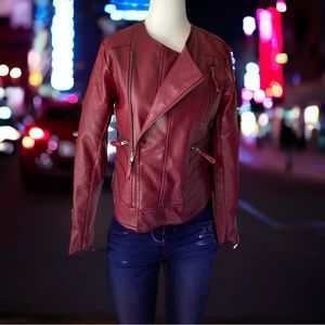 Pamela McCoy Faux Leather Moto Jacket Maroon Zipper Detailed XS NWOT